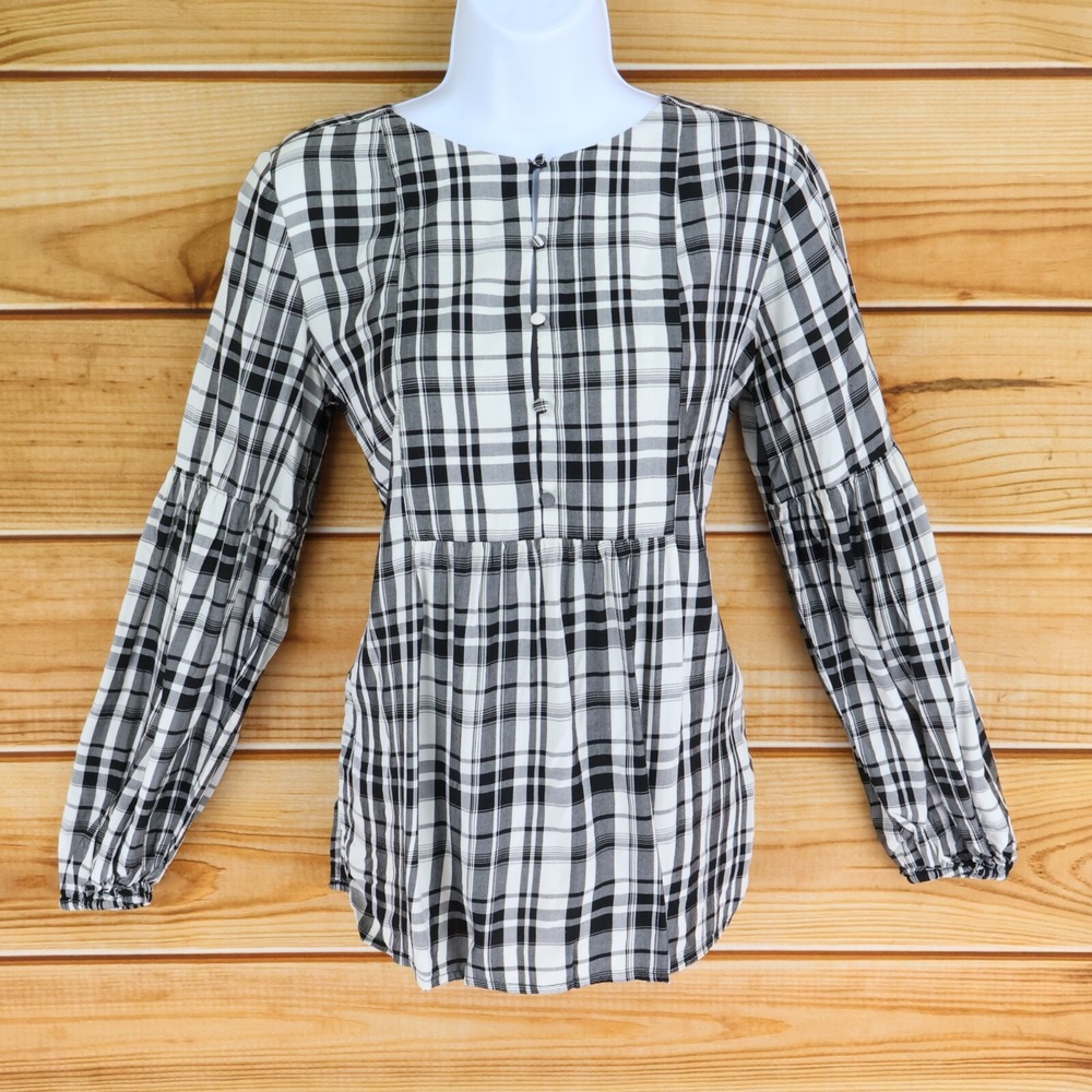 LOFT Lightweight Blouse Womens XS Black White Plaid Button Detail Long Sleeves